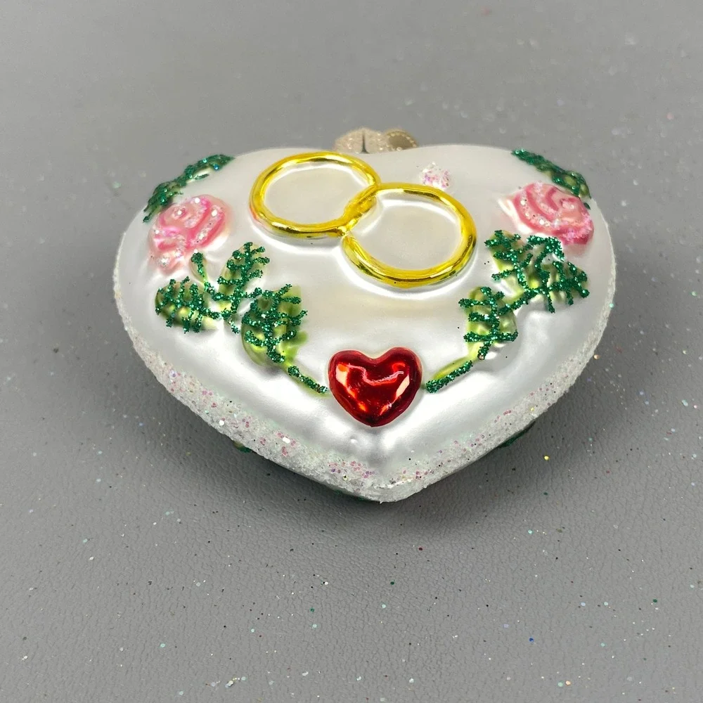 Old World Christmas Glass Holiday Ornaments Red Glitter Bear & Wedding Heart